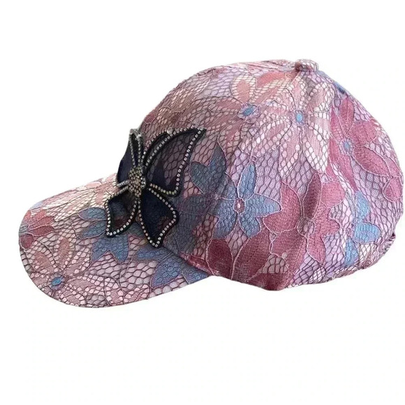 Boutique Handcrafted Feminine Floral Lace Embroidered Butterfly Baseball Cap Hat - Picture 7 of 9